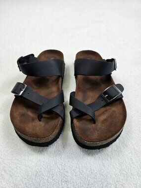 Mountain Sole Womens Leather Sandals Size 6 Black Cross Strap Cork Sole